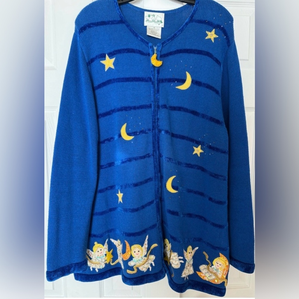 VTG Christmas Angels Ugly Sweater Starry Night Cardigan Size 1X Holiday
